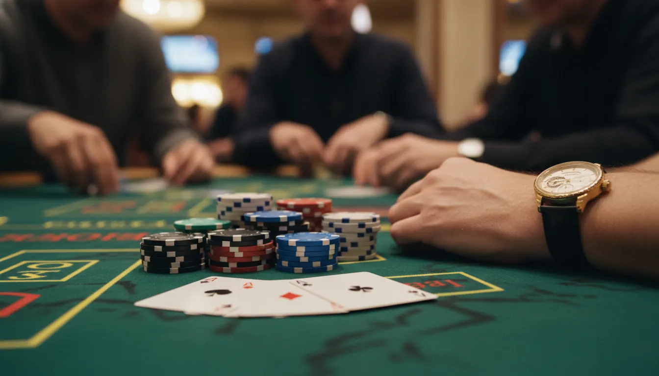 Casino gaming table with poker chips, cards, and elegant watch on player's wrist