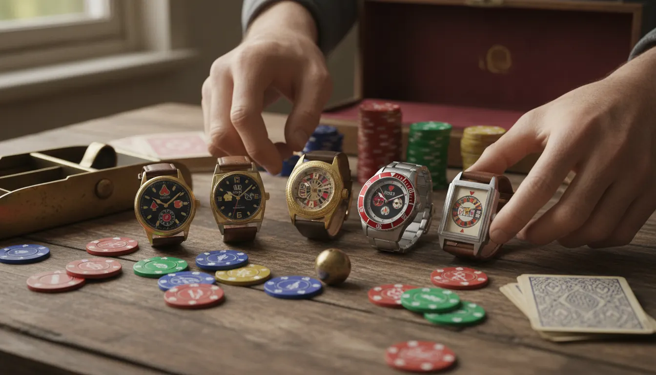 Curated collection of vintage casino themed watches arranged with period casino tokens and memorabilia