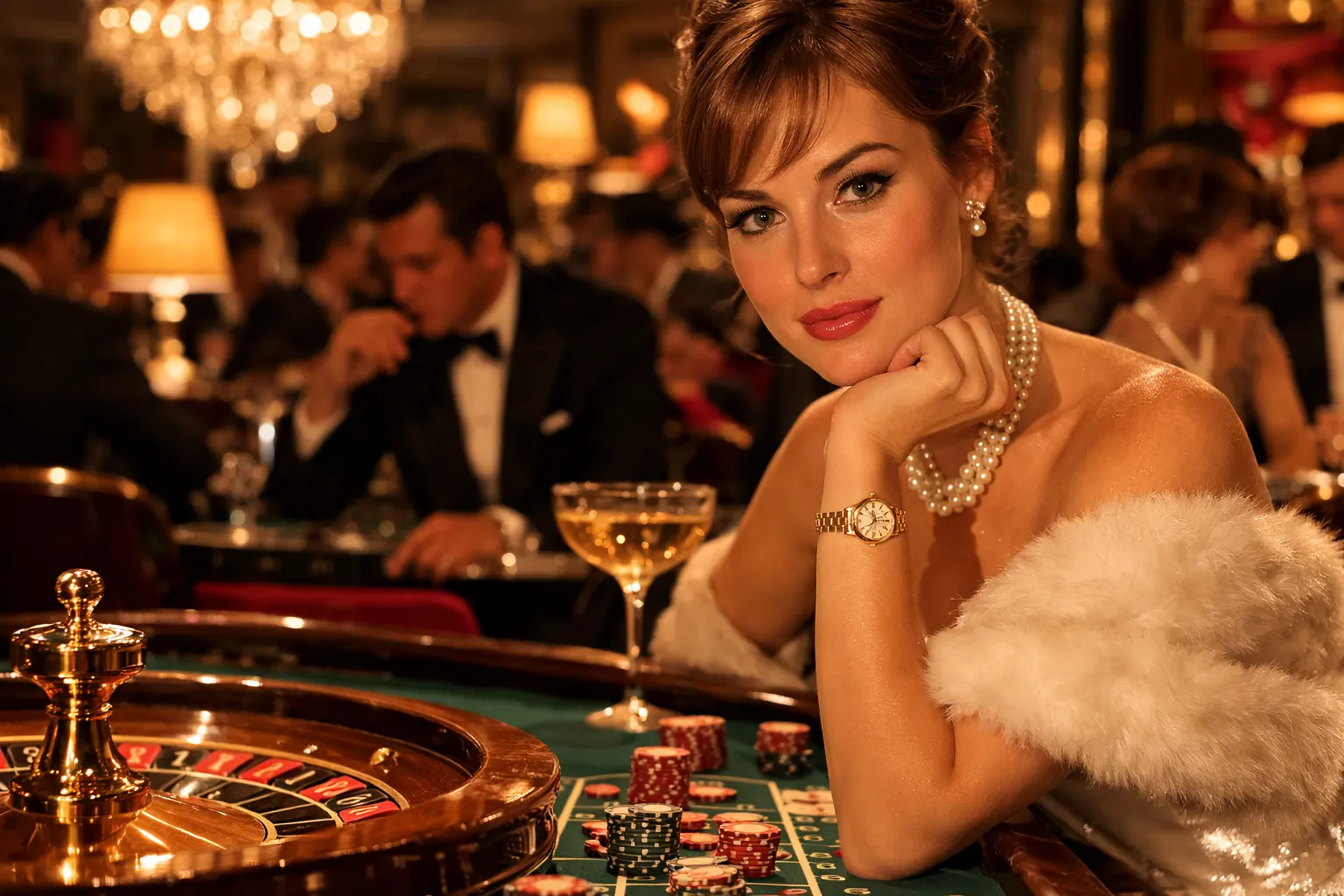 An elegantly dressed woman in 1960s evening wear standing at a roulette table in a grand casino, wearing a delicate gold wristwatch