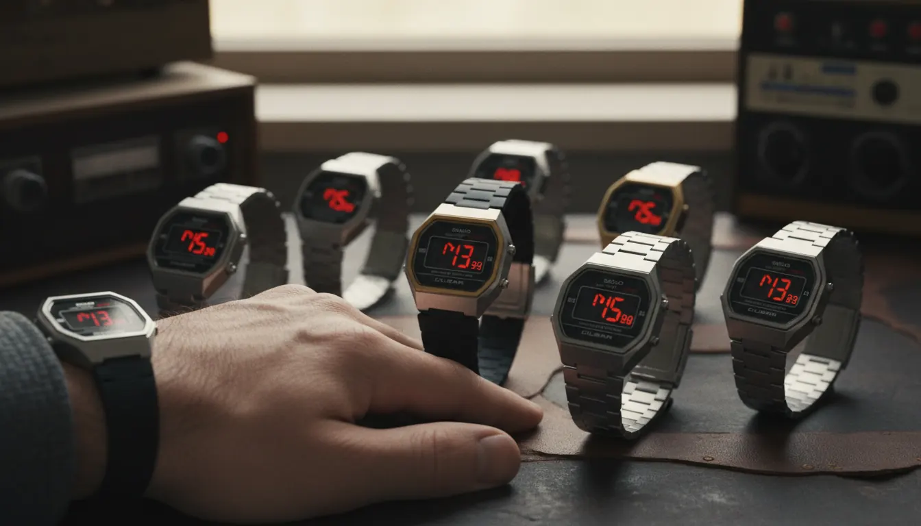 Collection of 1970s Japanese LED watches including Seiko and Pulsar models with red digital displays
