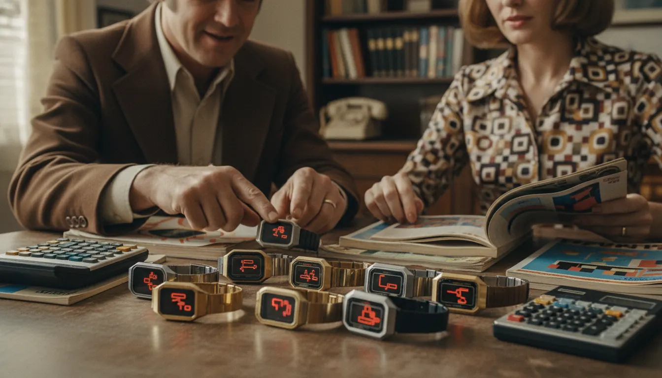 Vintage LED watches from golden age of digital time displayed with period technology and documentation