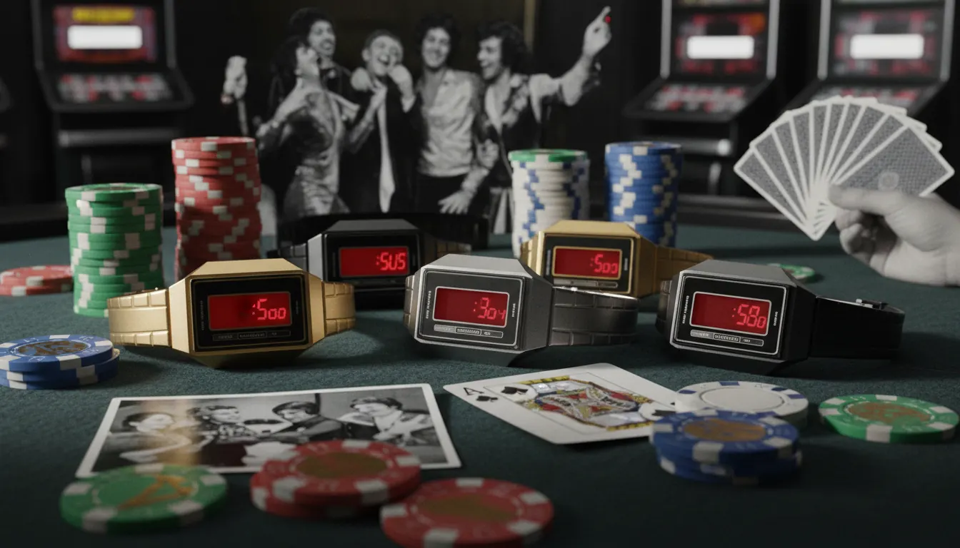 Collection of 1970s LED watches with red displays arranged with vintage casino chips and period photographs