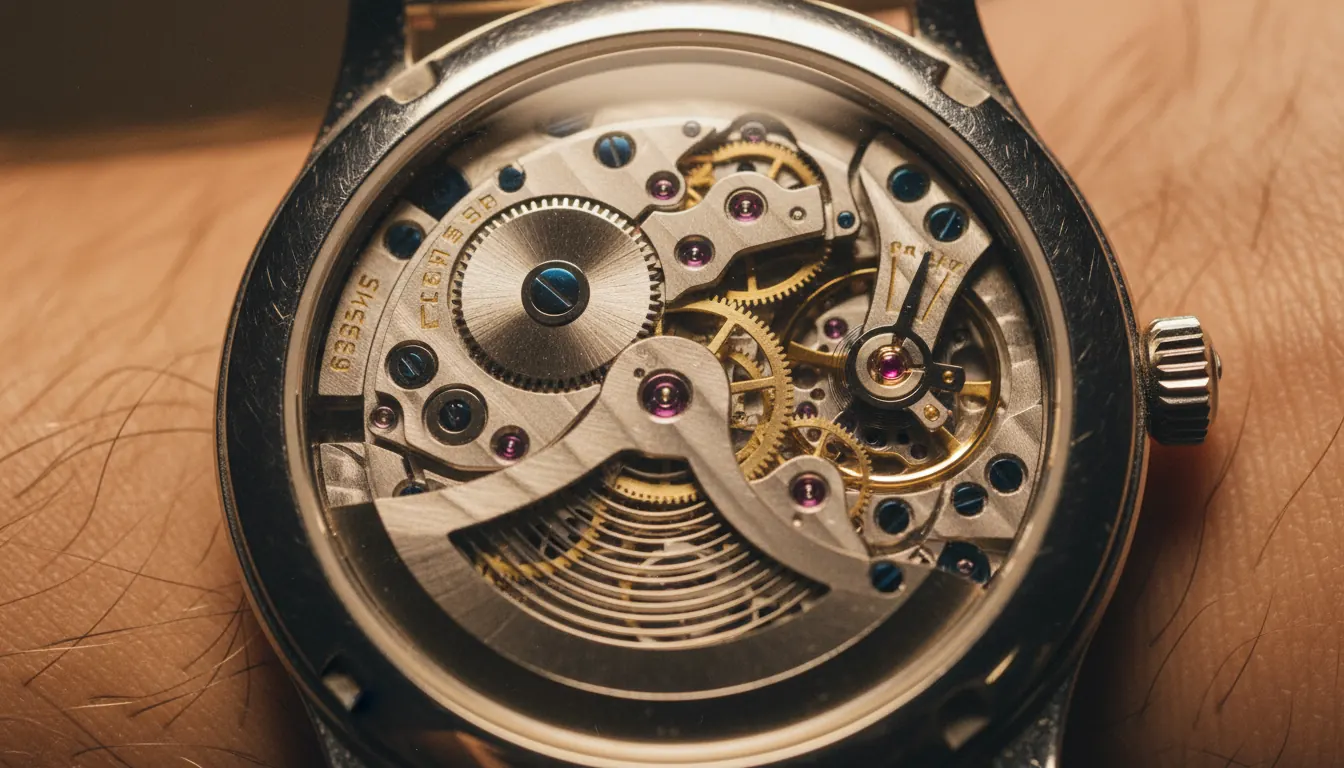 Exposed mechanical watch movement showing mainspring, gears, and escapement mechanism through exhibition caseback