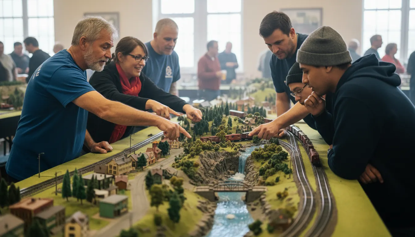 A group of model train club members gathered around a large detailed layout at a community exhibition, pointing at track sections and scenery