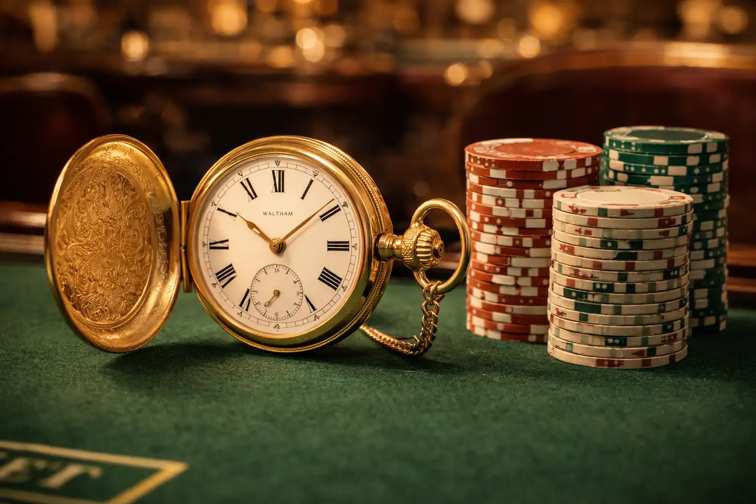 An open vintage gold pocket watch with an engraved case and white enamel dial resting on green casino baize beside a stack of gambling chips