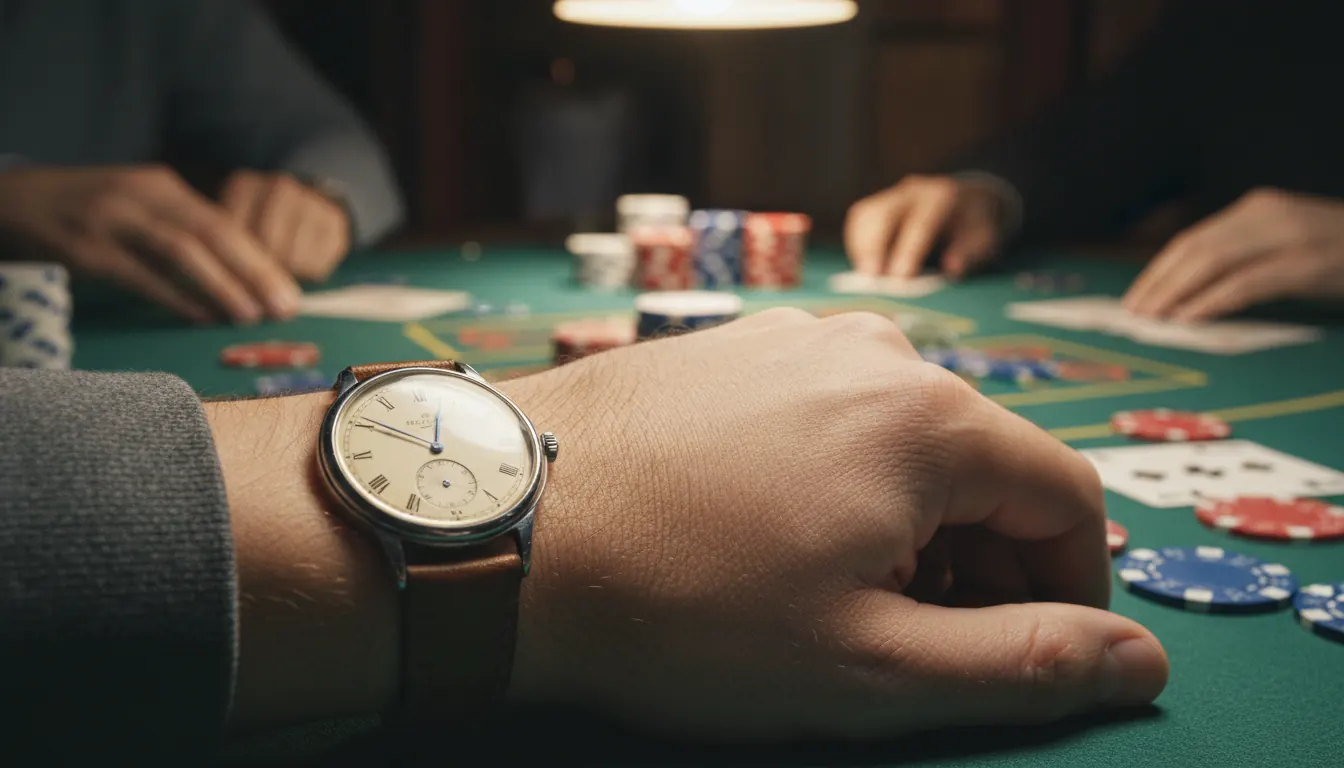 Vintage mechanical watch on player's wrist at green felt casino gaming table with poker chips