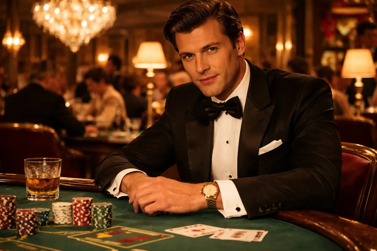 A well-dressed man in a 1960s dinner suit resting his hand on a casino card table, a polished vintage gold wristwatch visible at his cuff