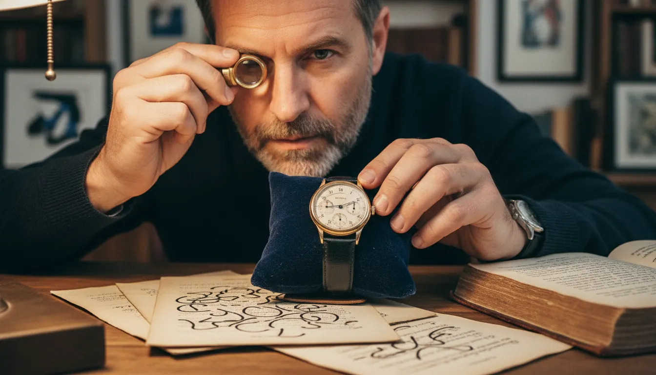 Watch collector examining vintage timepiece with magnifying loupe and authentication documentation