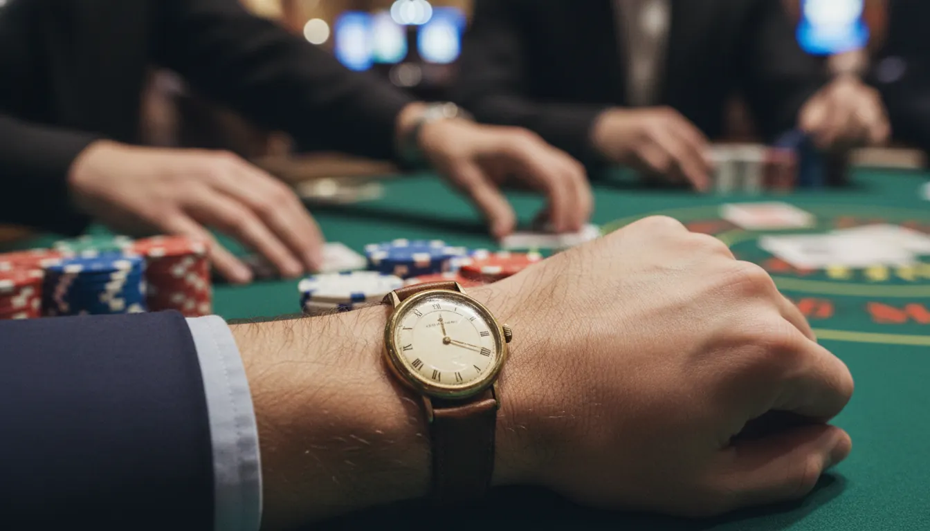 Vintage wristwatch on player's wrist at casino gaming table with chips
