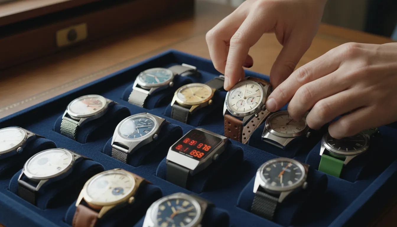 Diverse collection of vintage mechanical, automatic, and LED watches arranged on velvet