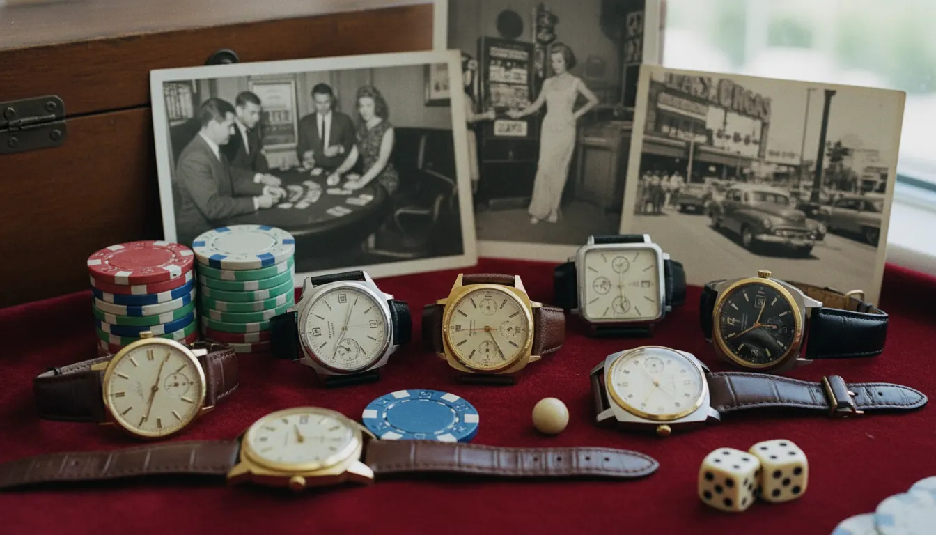 Collection of vintage watches from 1960s and 1970s displayed with casino memorabilia and period photographs