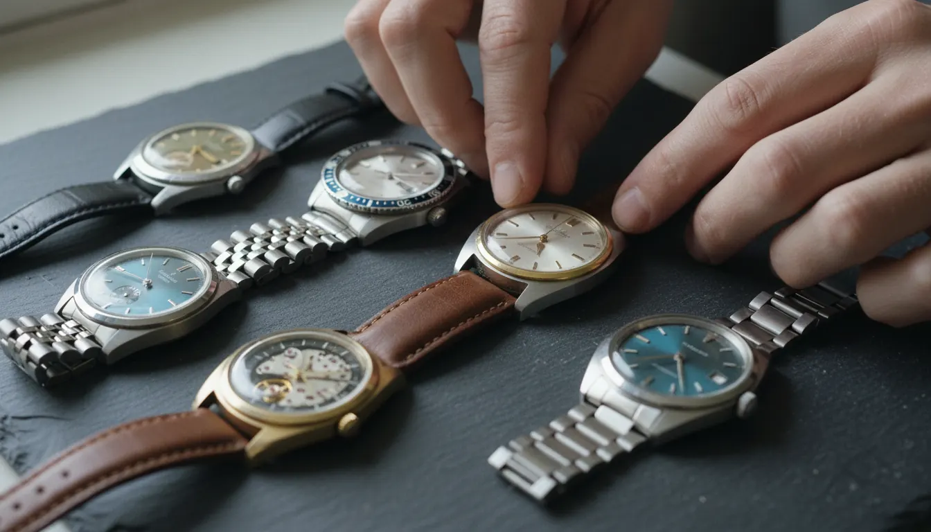 Collection of vintage mechanical and automatic watches from the 1960s and 1970s displayed on a dark surface